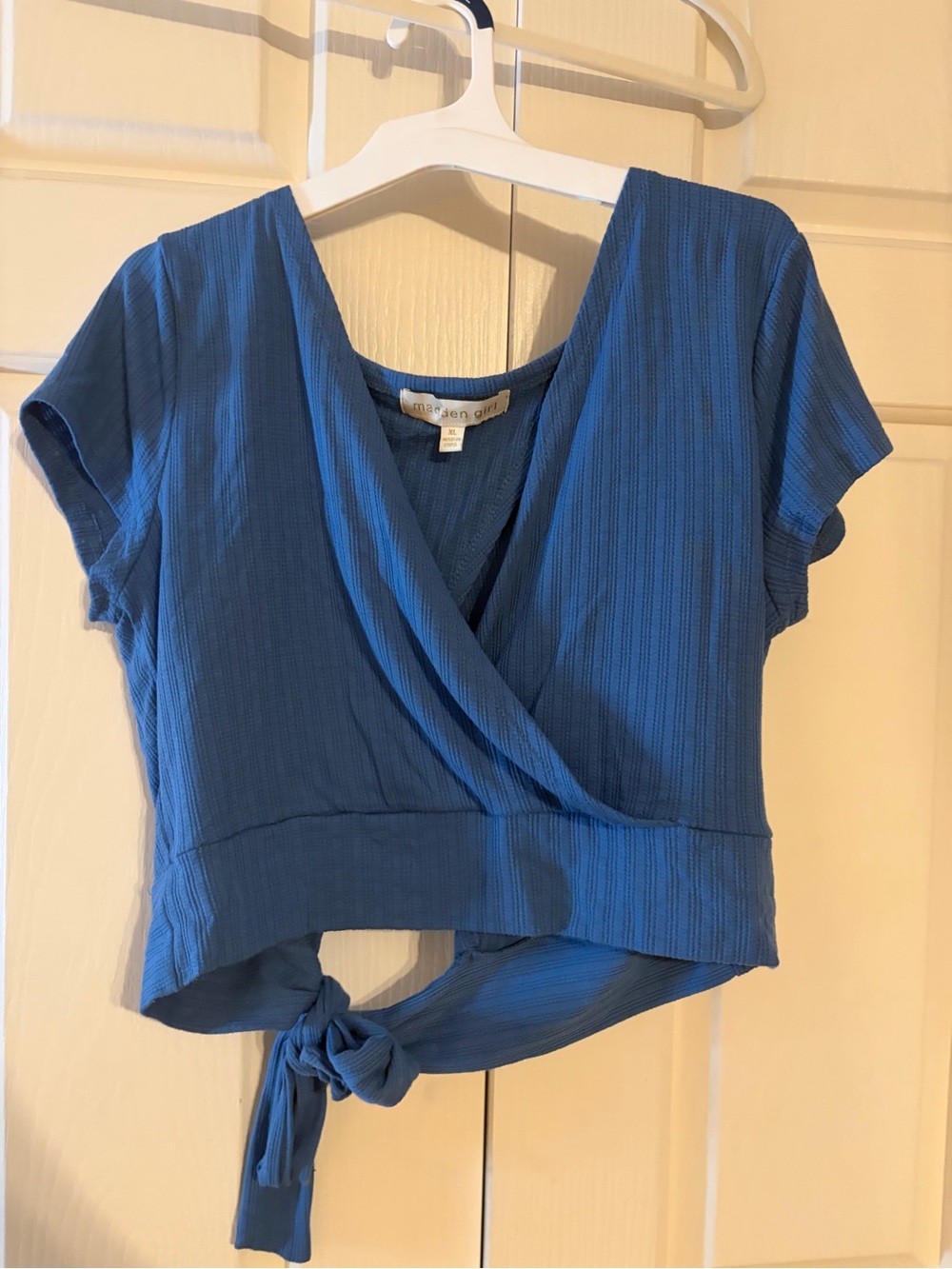 Madden Girl Blue Wrap Tie-Back Crop Top